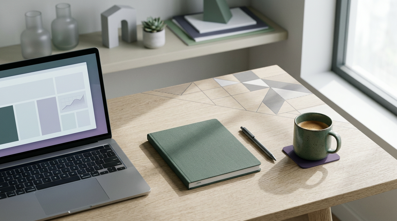 Digital workspace with laptop and notebook