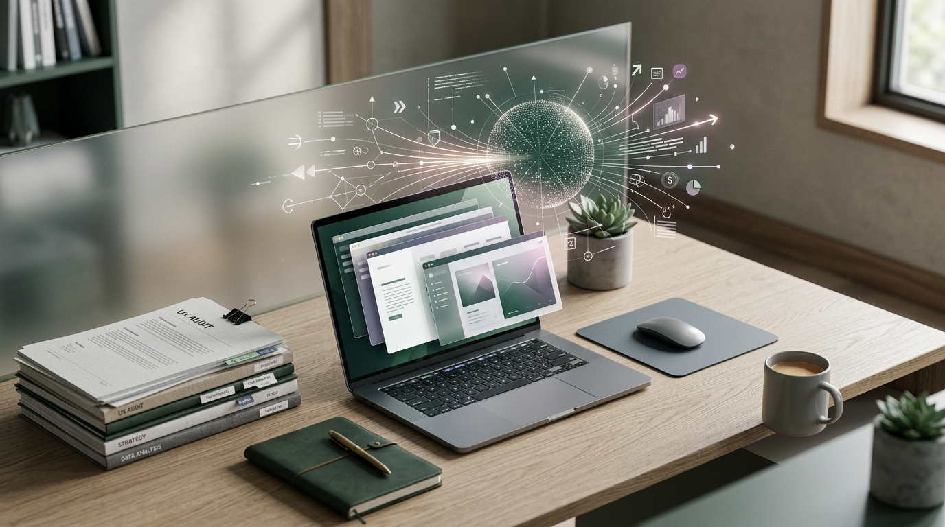 Isometric desk scene with documents and laptop, symbolising AI document summarisation