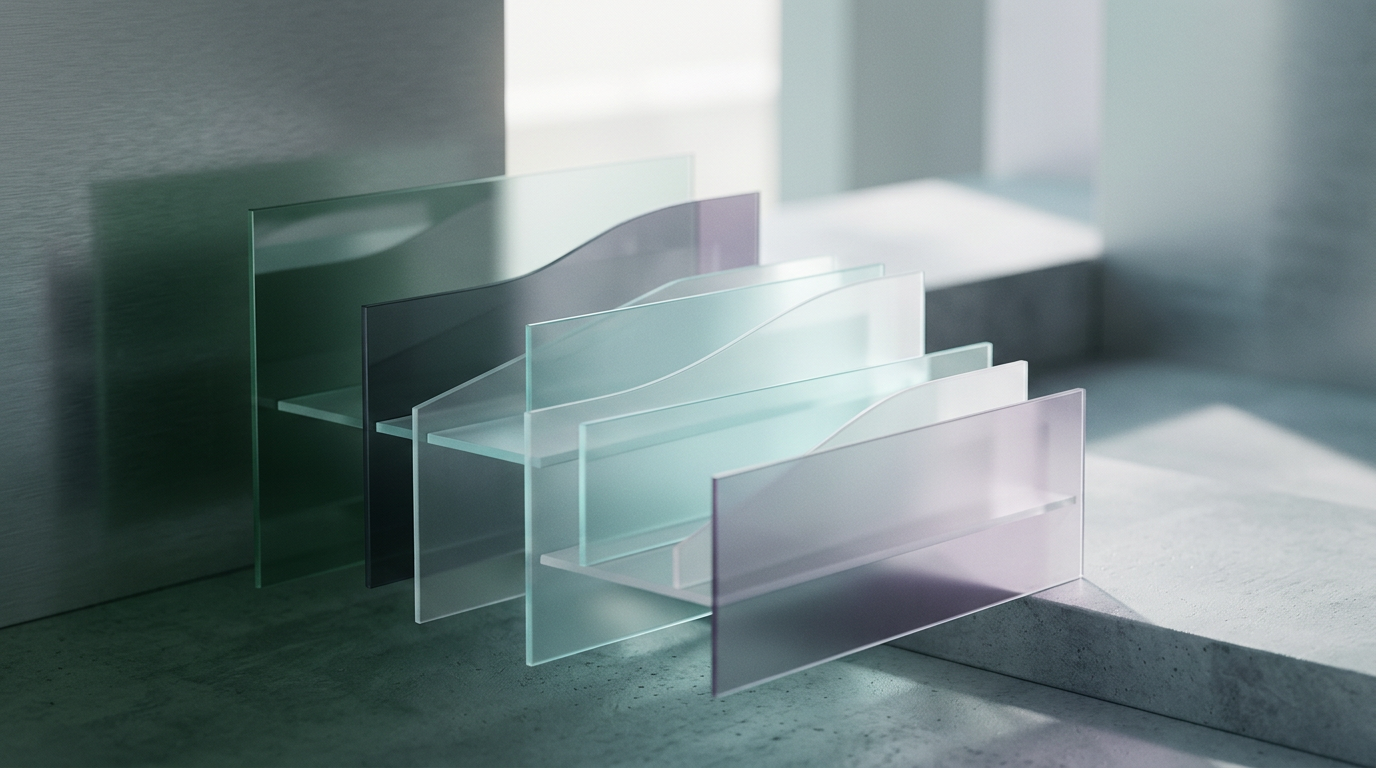 Abstract translucent geometric panels floating in organized layers with soft glowing lines