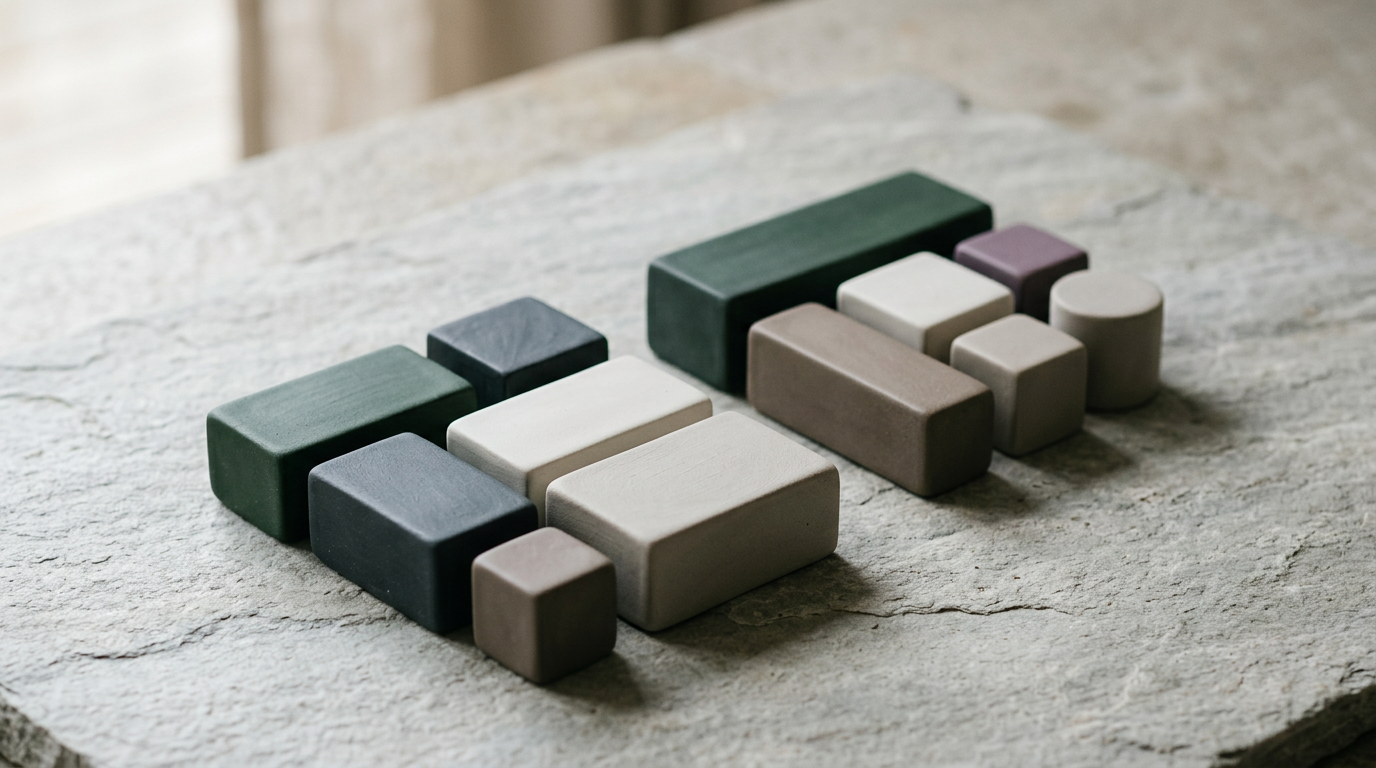 Clean architectural tabletop with organized ceramic blocks representing structured data clusters