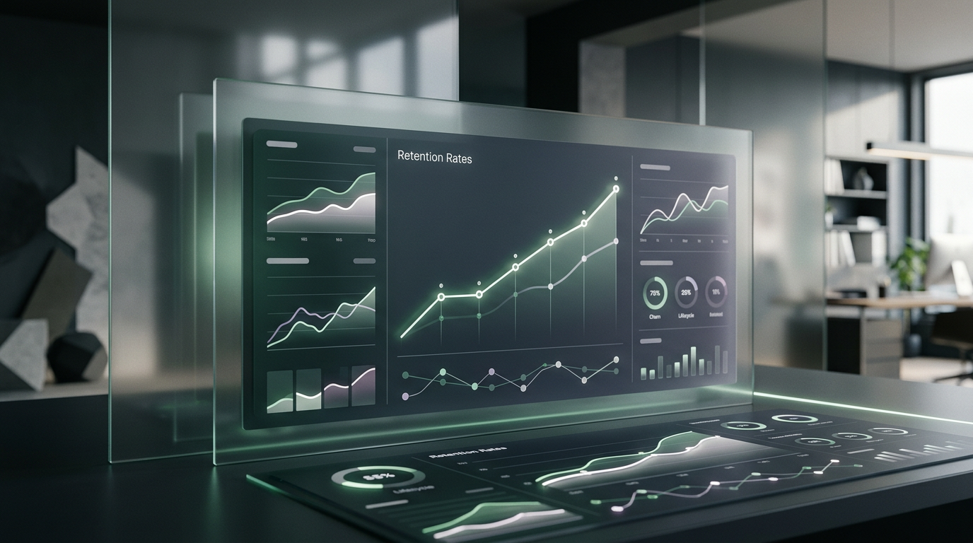 A digital dashboard displaying customer behavior analytics and retention metrics.