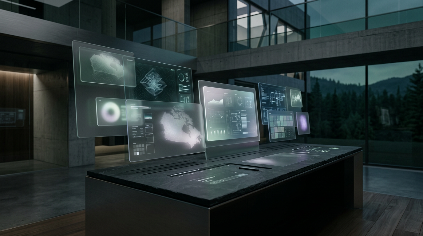 Futuristic interface showing neatly organized modular cards and structured parameters