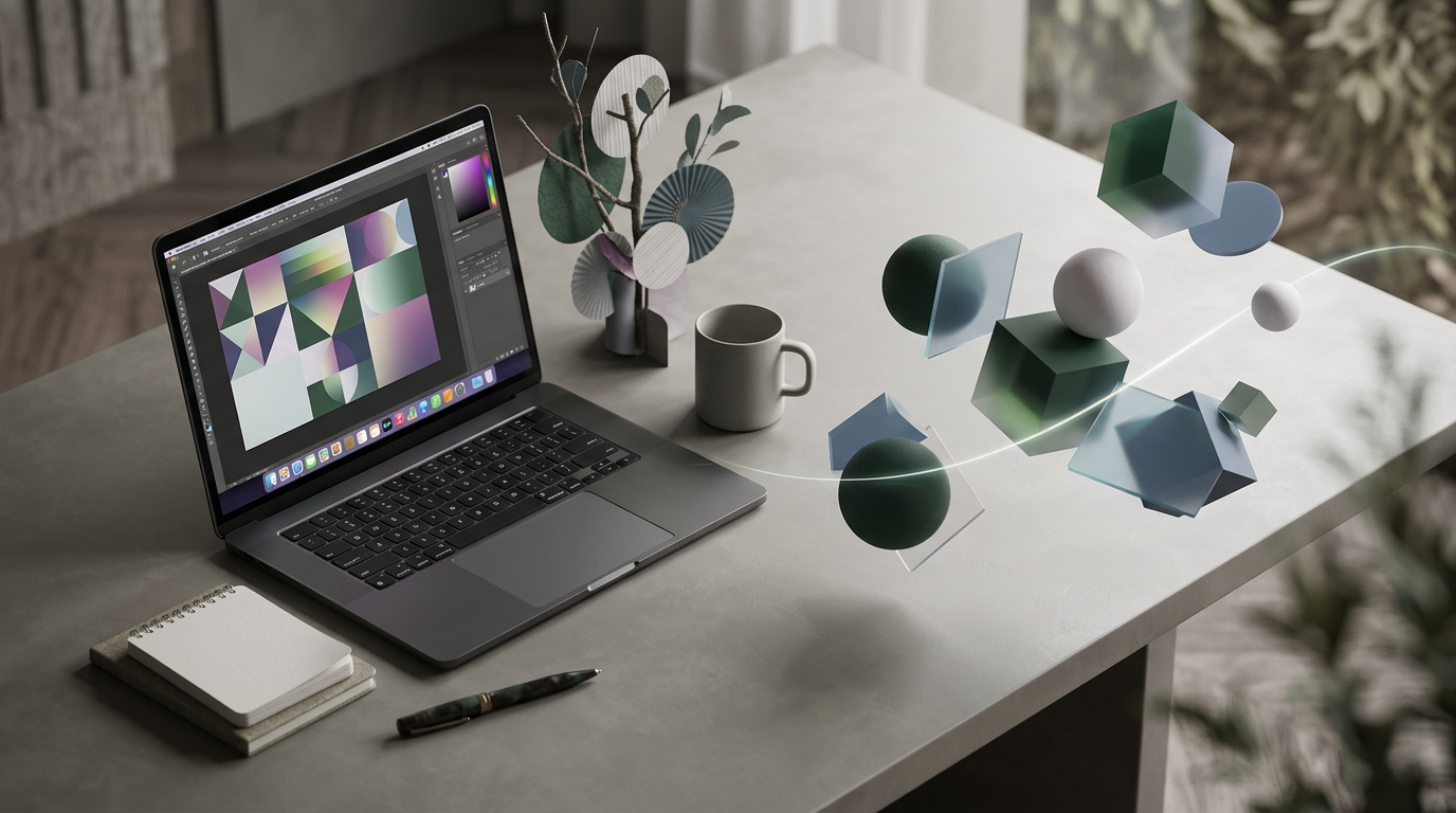 Isometric workspace with laptop showing creative software