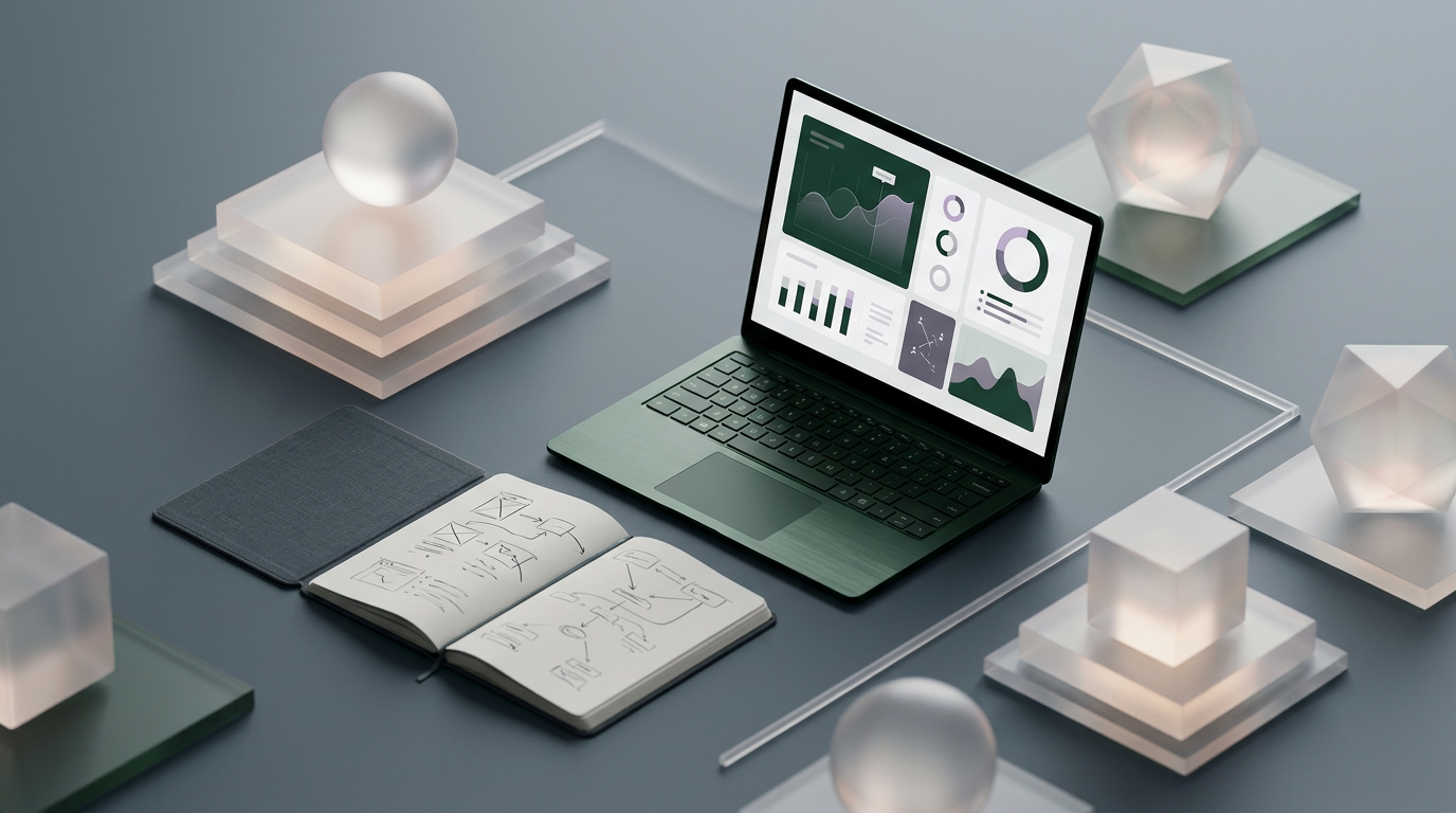 Abstract workspace showing a laptop with data graphs and a notebook for planning
