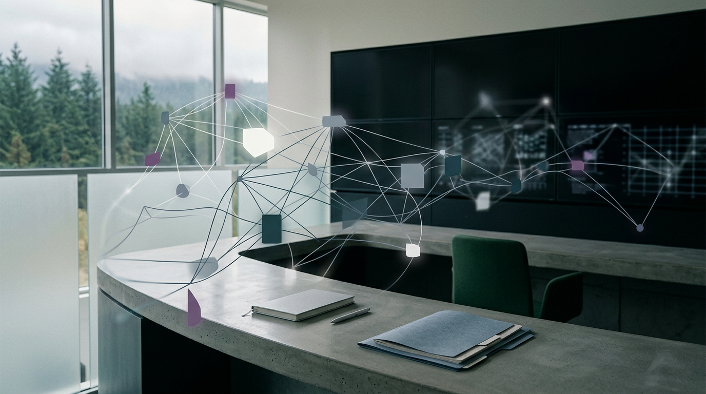 Abstract neural network over a control room interior with data displays