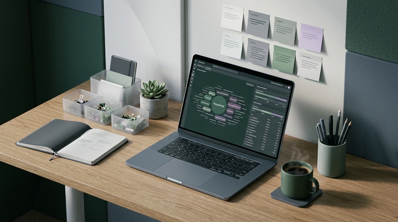 Organized digital workspace with AI generated keyword clusters on screen