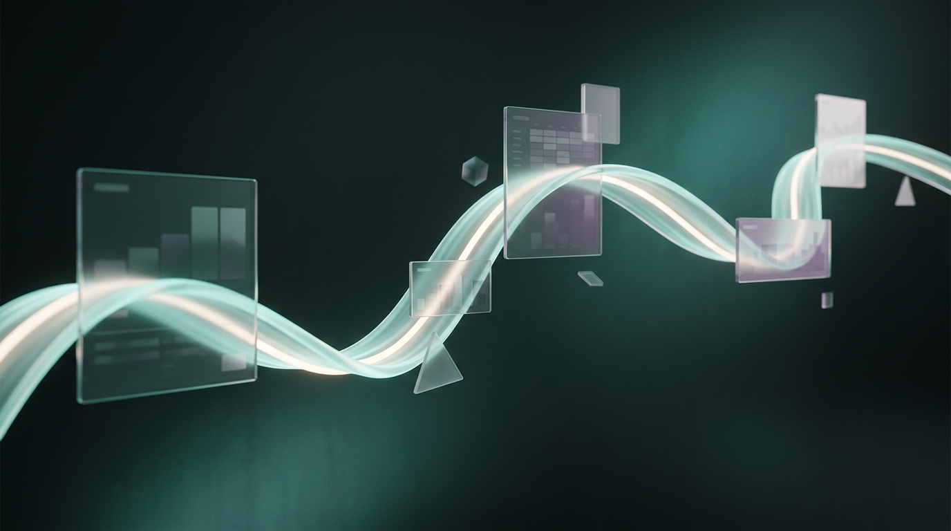 Isometric glowing workflow timeline showing video frames and synthetic audio waves
