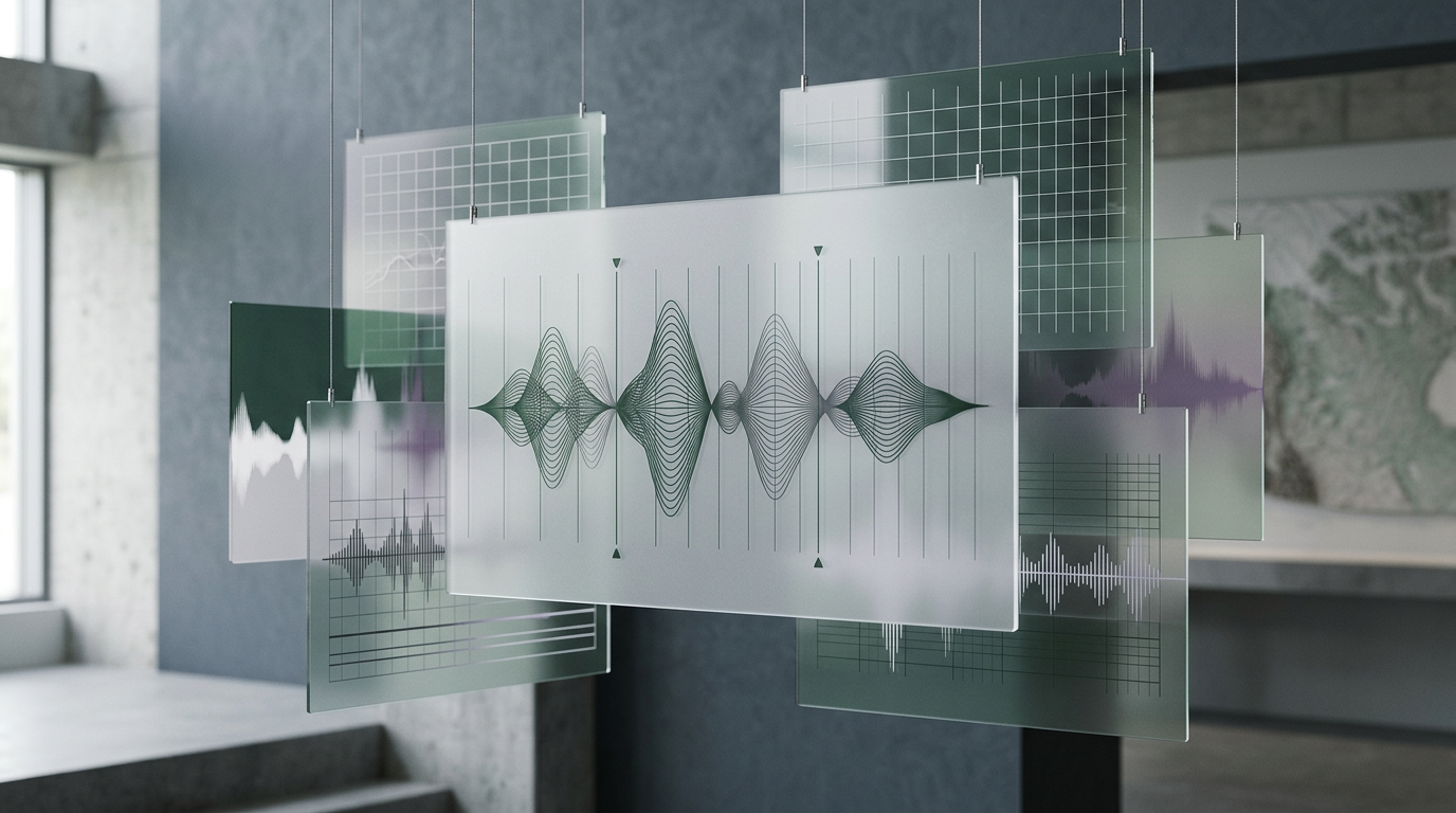 Modular glass interface tiles representing documentation chapters and clean video clips