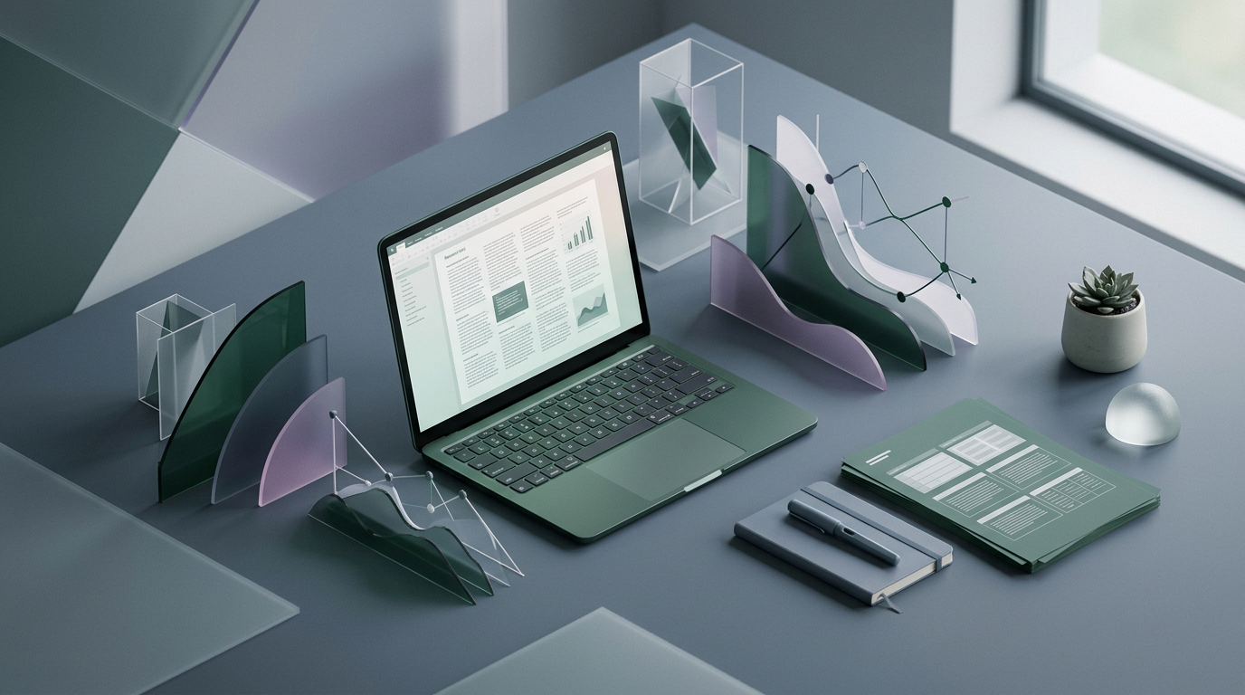 A laptop open on a desk displaying a research paper, surrounded by abstract data visualizations.