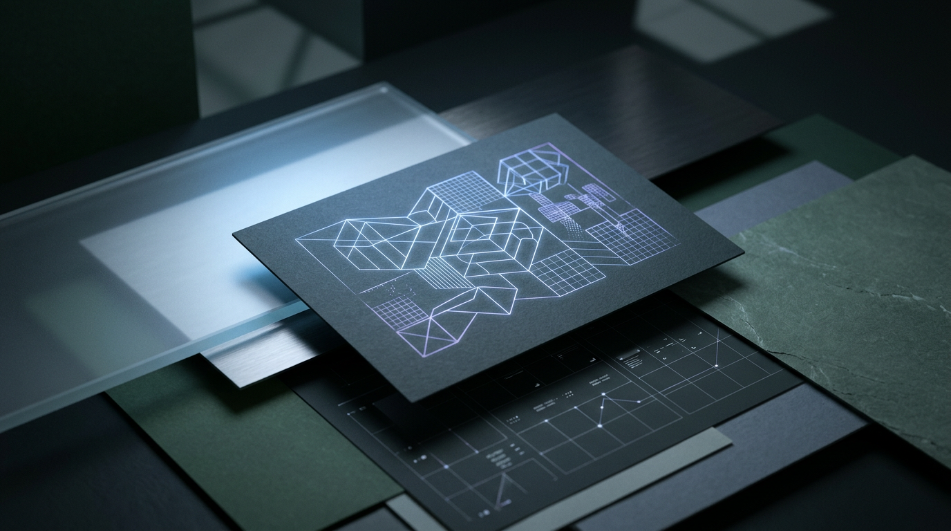 Abstract digital interface card showing brand rules and geometric audit lines on a dark slate background