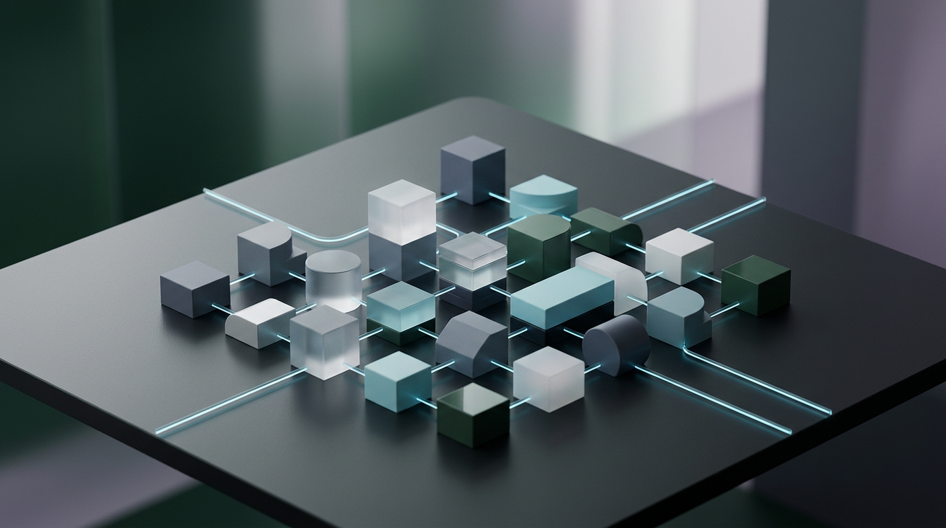 Minimalist 3D isometric layout displaying connected digital inspection blocks and clear glowing approval markers