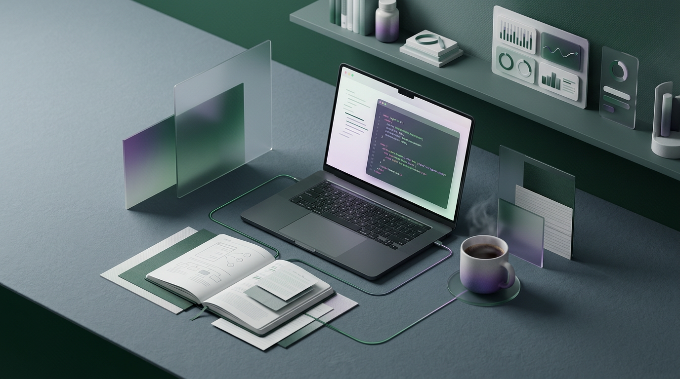 A laptop displaying code on a desk, symbolising technical writing with AI.