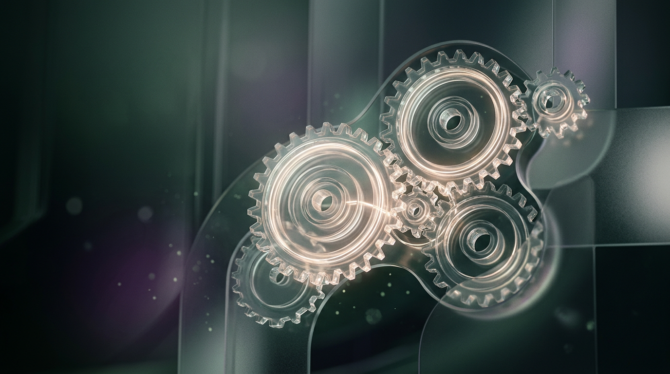 Interlocking glass and light gears symbolising advanced AI integration in team task management
