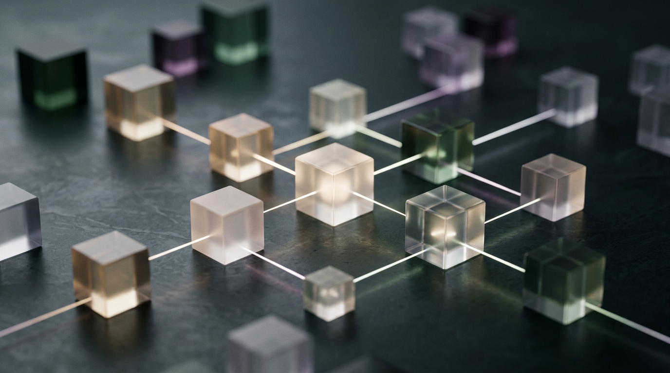 Abstract luminous glass nodes representing connected supply chain points and inventory stock data
