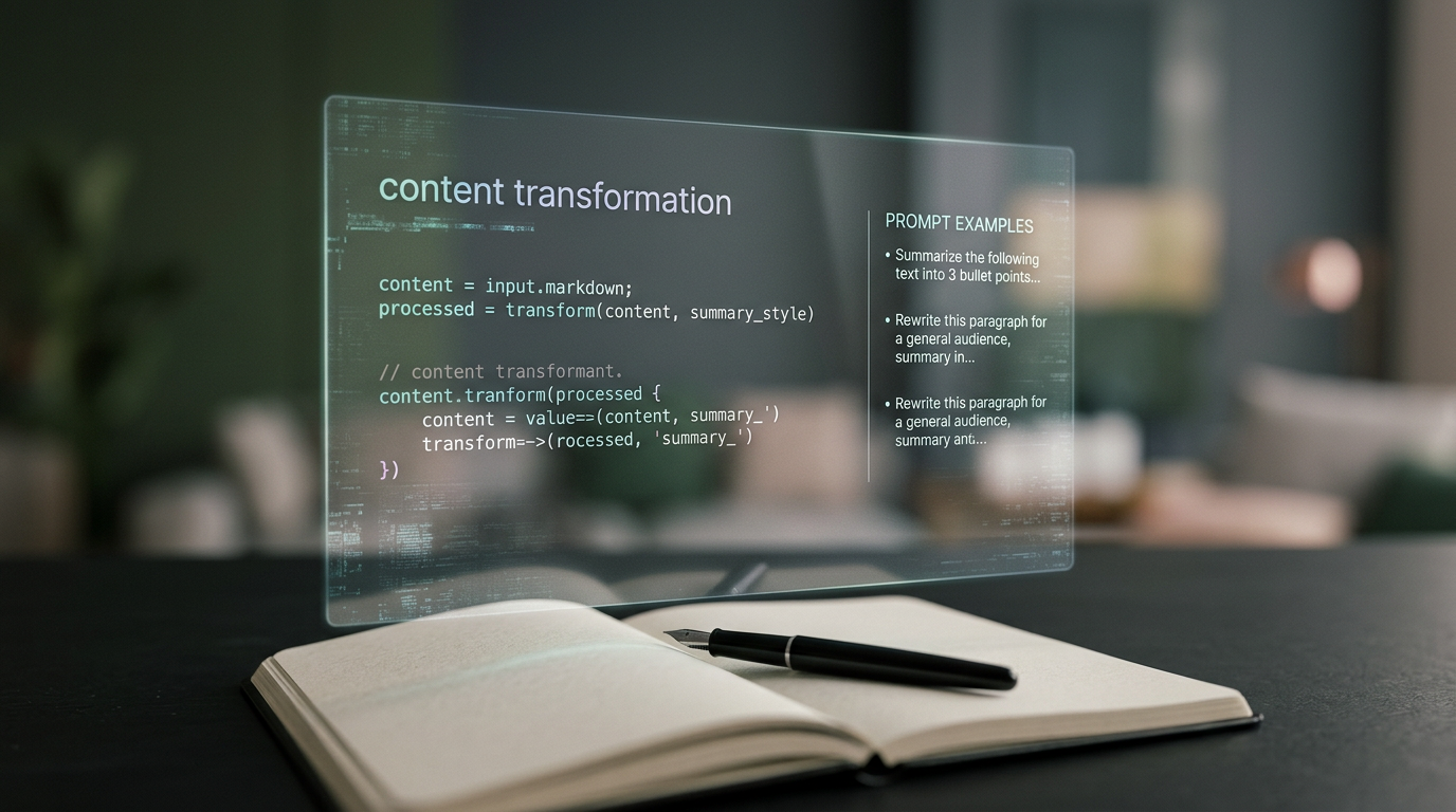 Holographic screen showing AI prompt examples for content repurposing