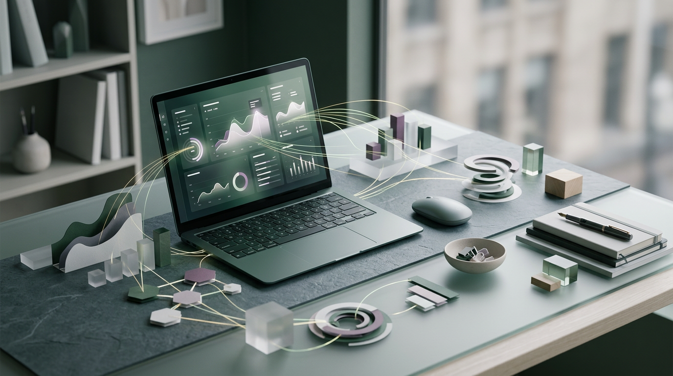 Laptop on a desk showing a personalised data dashboard with abstract data flowing around it