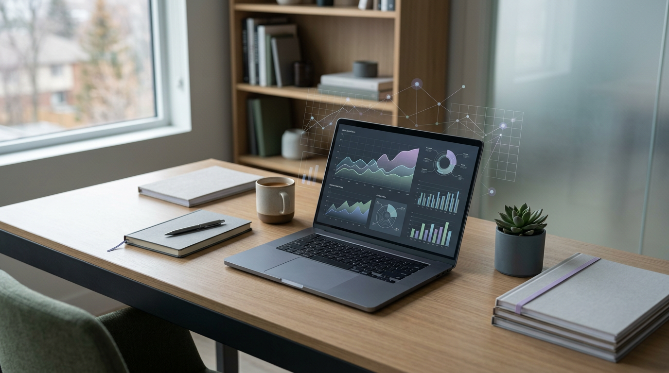 Workspace with laptop showing competitive analysis data