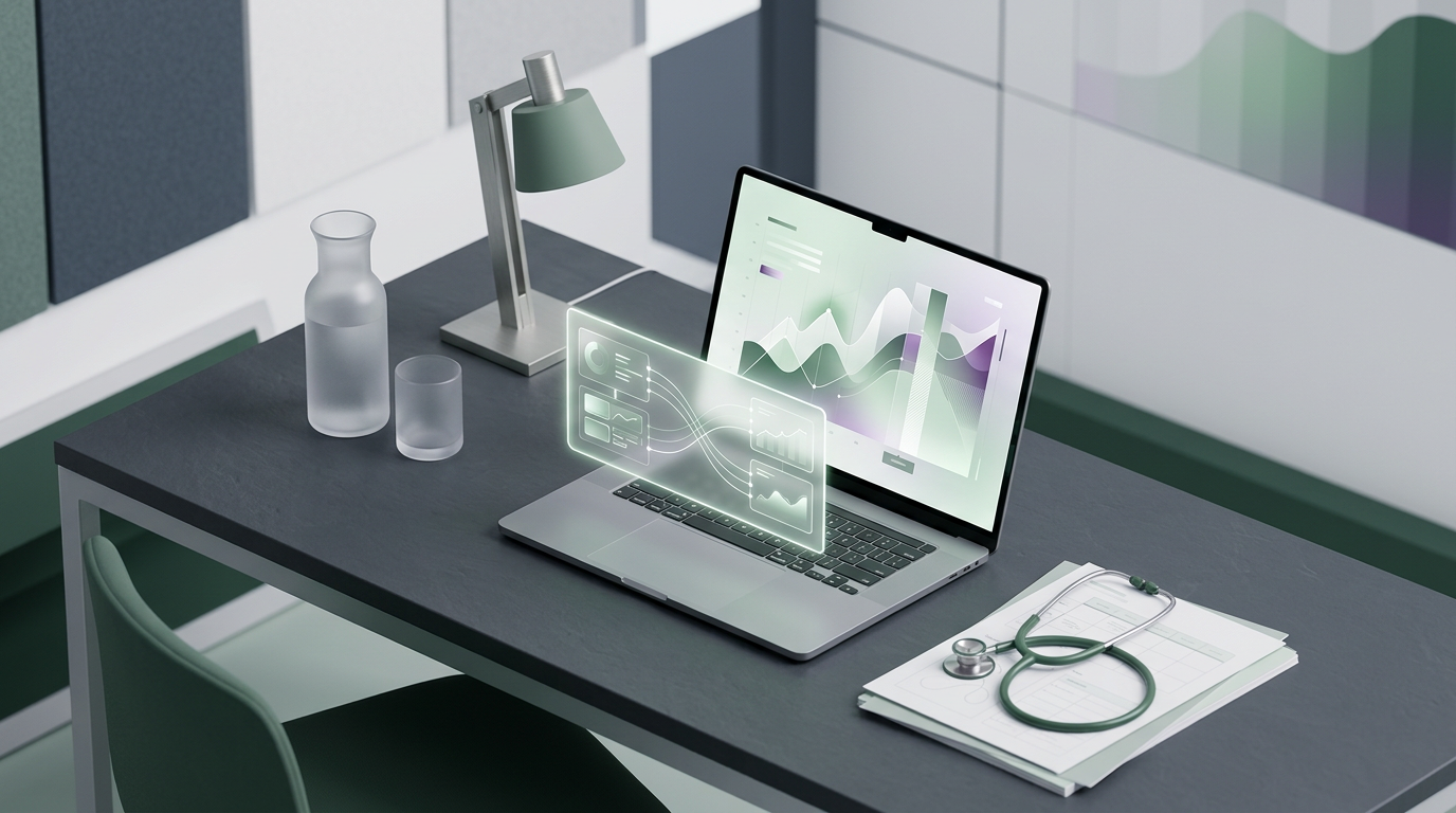 Laptop displaying a business report with glowing data visualizations.