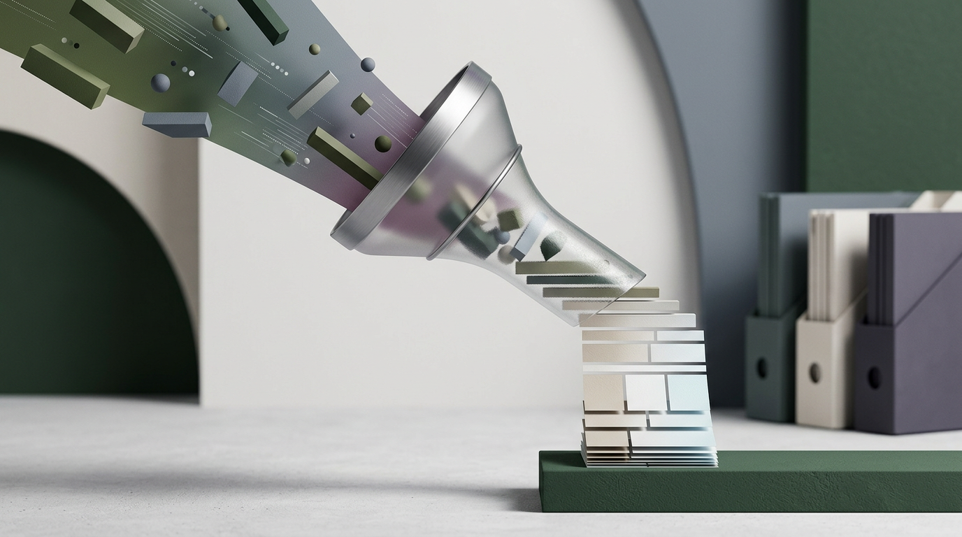 Data funnel transforming into a refined business report.