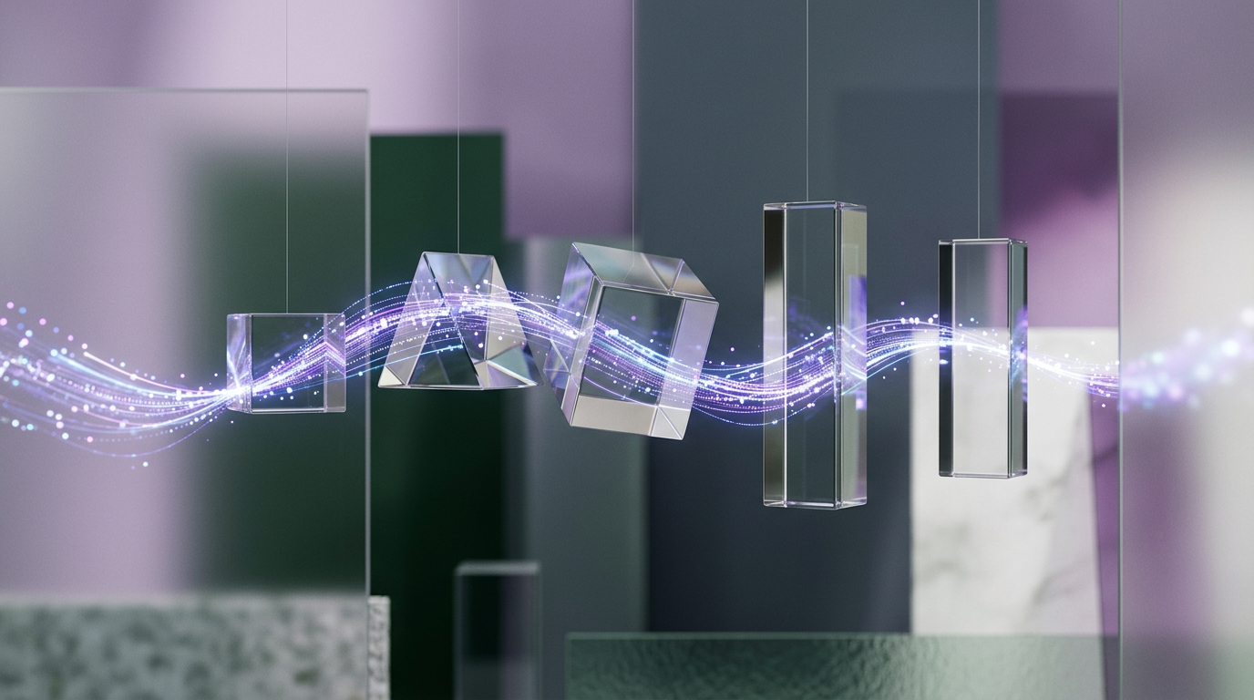 Abstract glowing data stream connecting geometric glass prisms in a modern digital environment