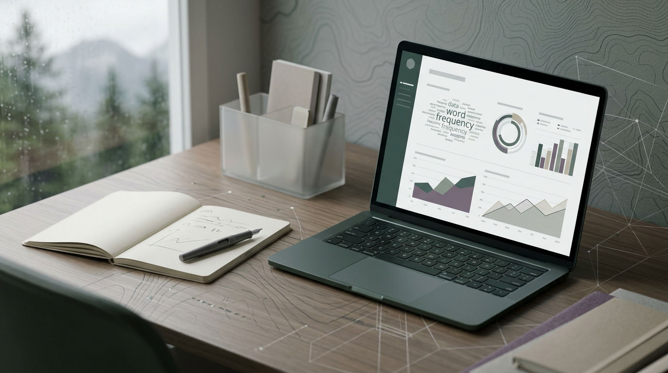 A laptop displaying text analysis software on a desk.