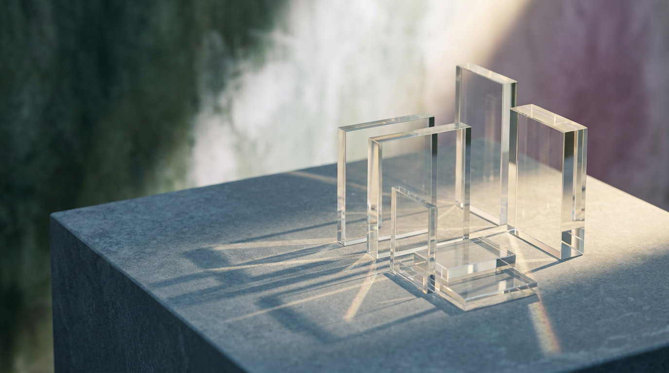 Clean workspace setup with layered glass prisms and notebook representing content optimization