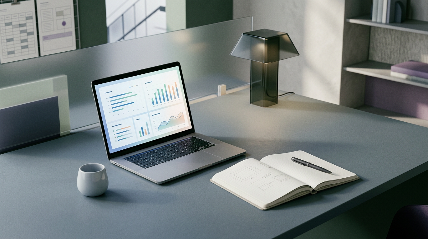 A laptop and notebook on a clean desk, symbolizing sales preparation with AI