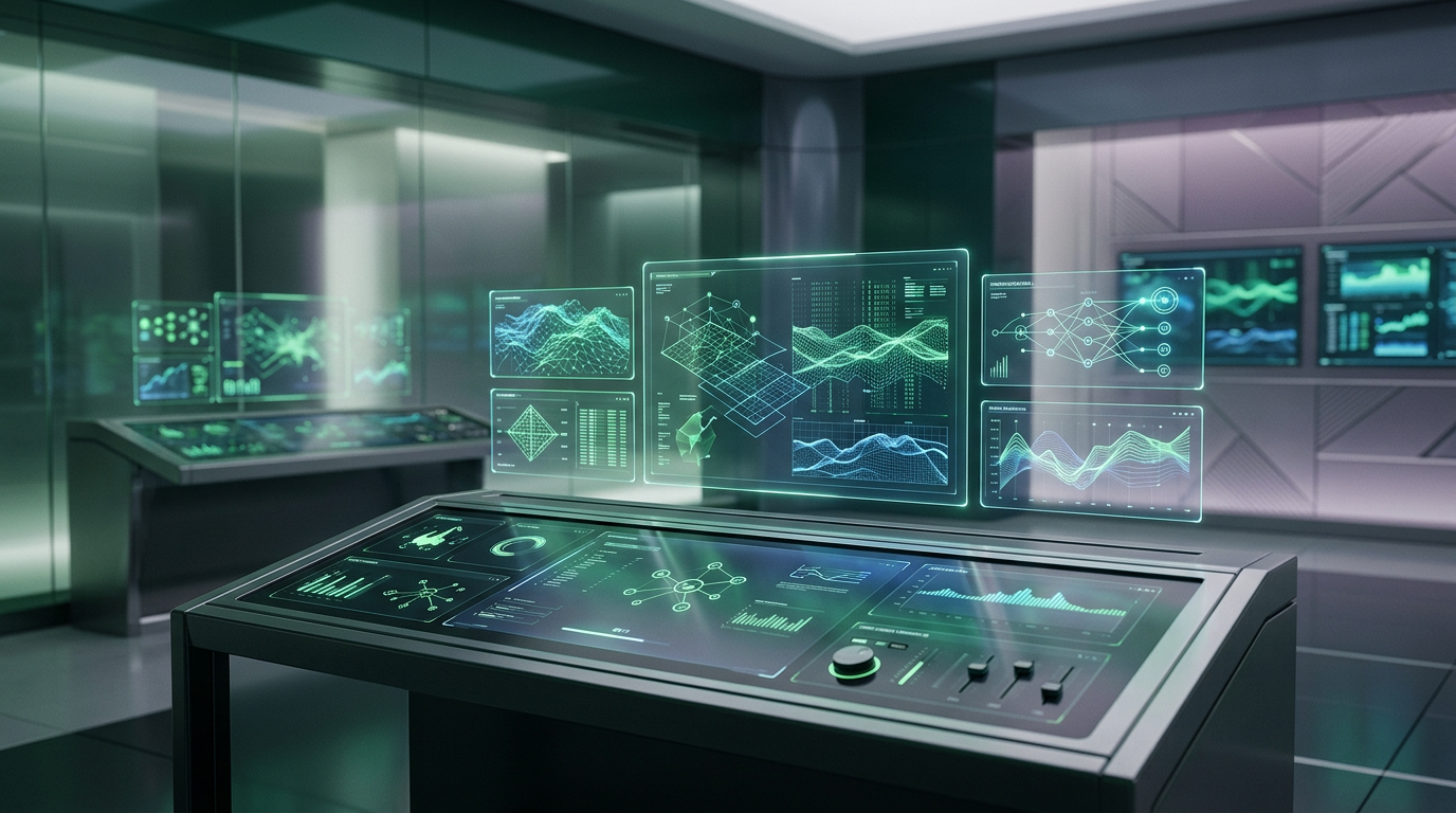 A futuristic control room showing integrated data displays, representing AI sales workflow integration