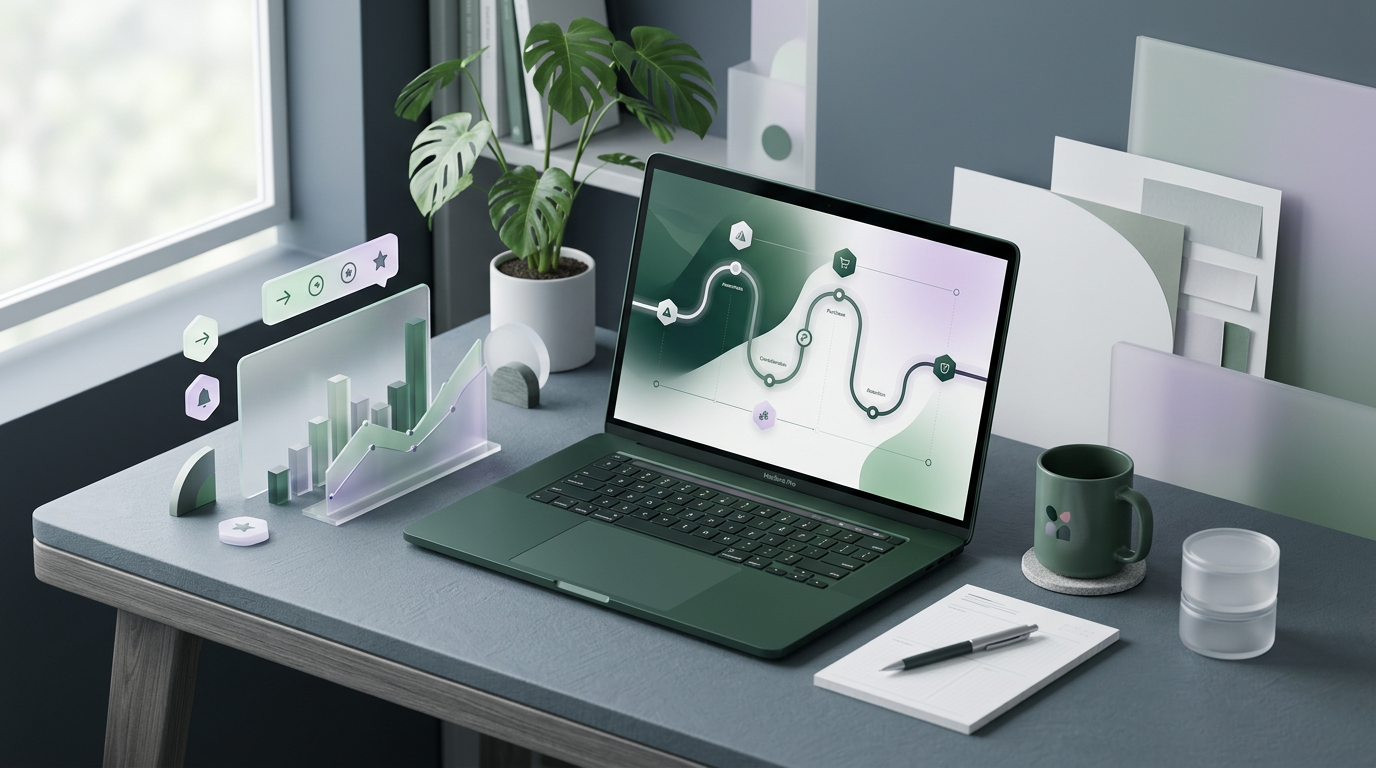 Abstract scene showing AI powered customer journey map on a laptop