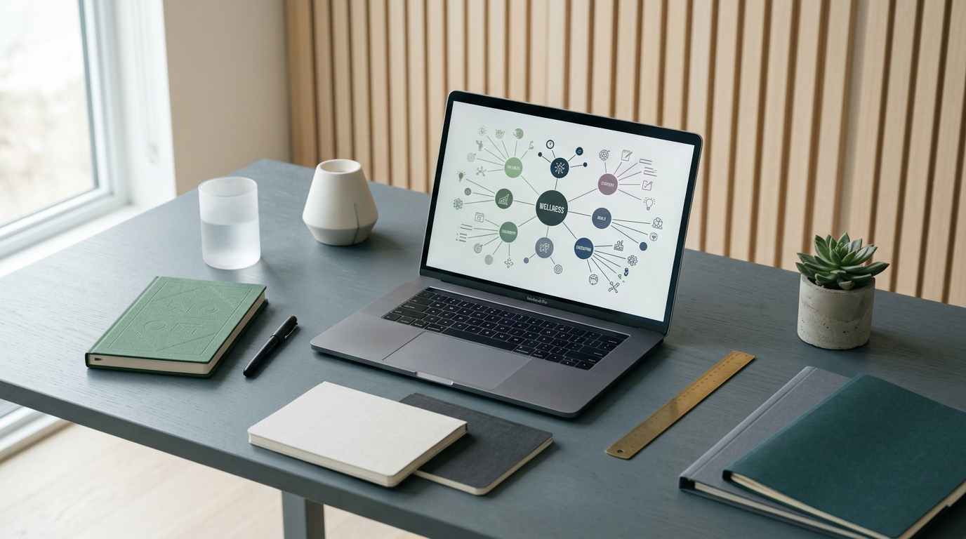 Isometric view of a desk with a laptop showing a mind map