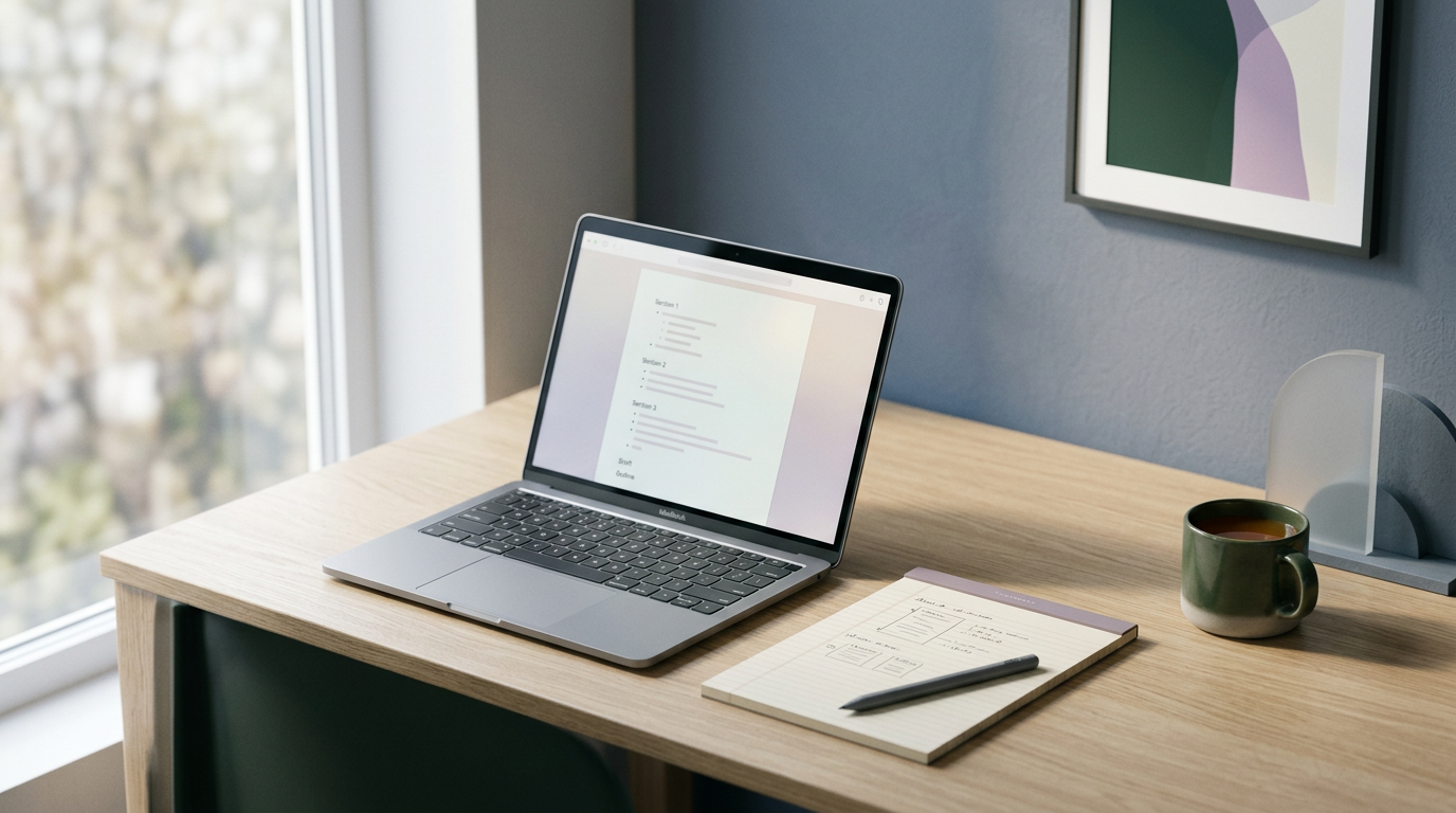 Isometric view of a desk with a laptop displaying an AI generated content outline