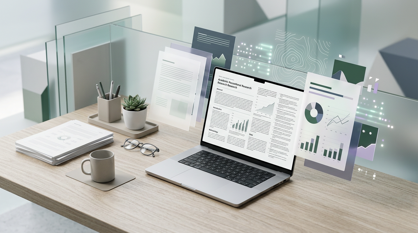 Abstract scene of a digital workspace with research papers and data visualizations around a laptop.