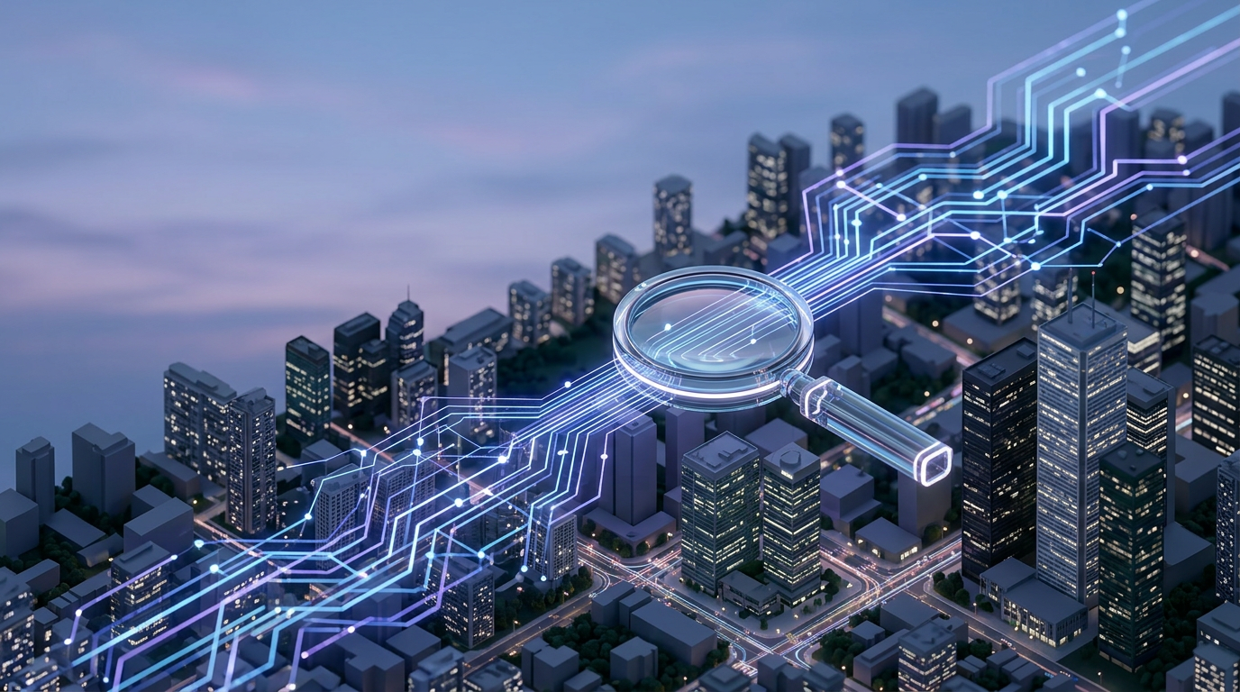 Abstract visualization of data flowing into a magnifying glass