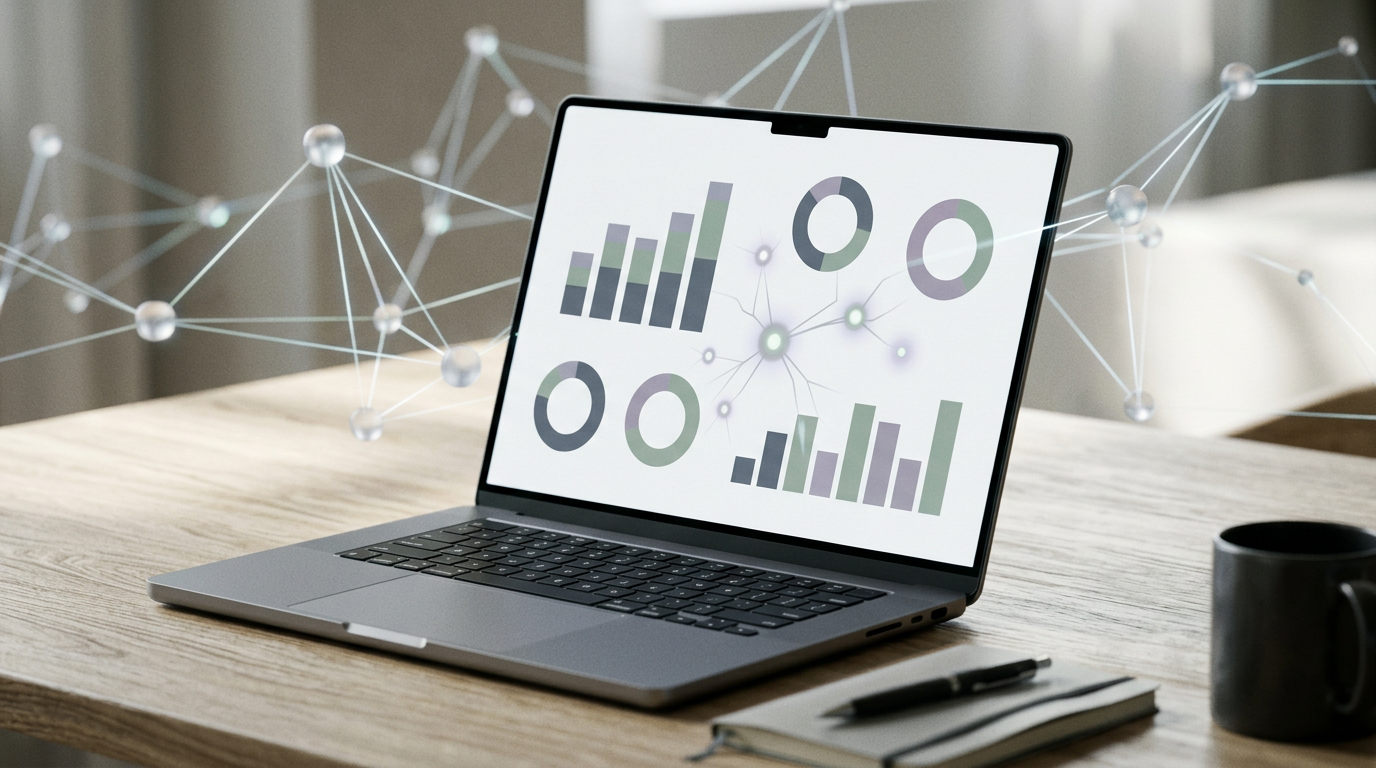 Laptop showing market research insights with AI network