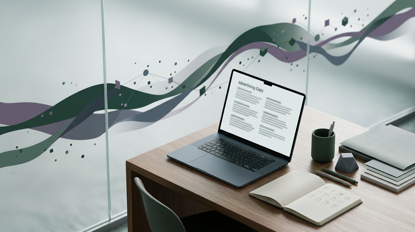Laptop screen showing ad copy examples generated by AI.