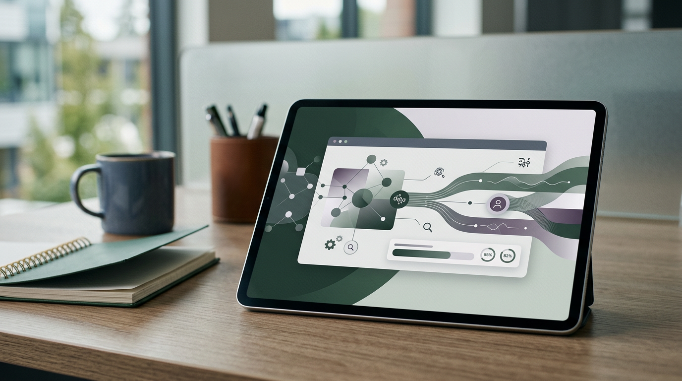 A tablet screen with an AI prompt example for lead data enrichment.