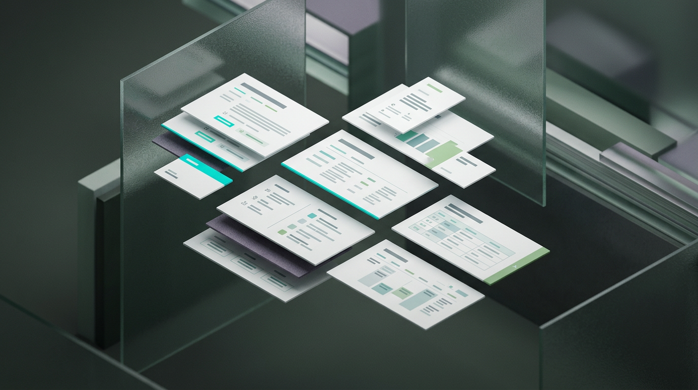 Abstract digital dashboard showing clean card layouts and text blocks