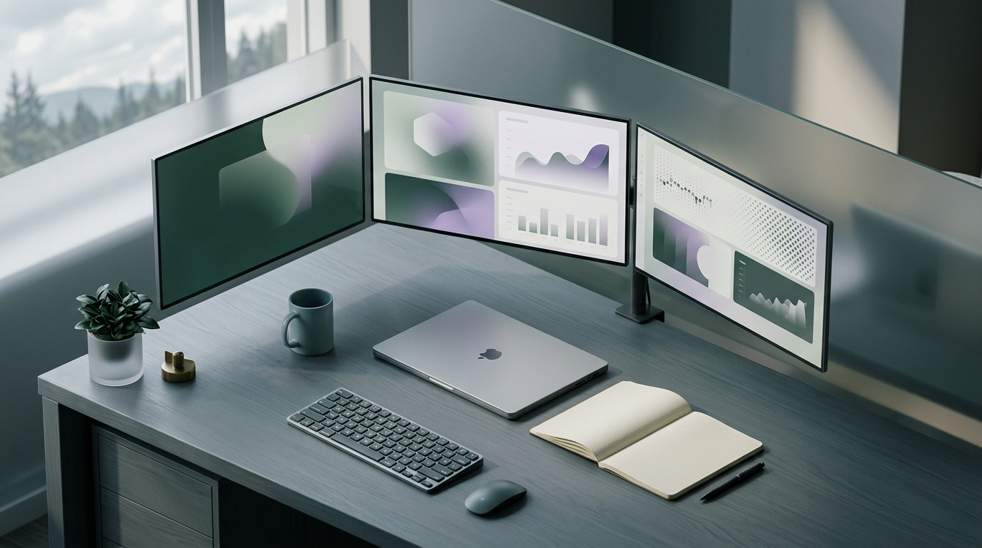 A desk with multiple screens showing data visualisations, representing AI social listening.