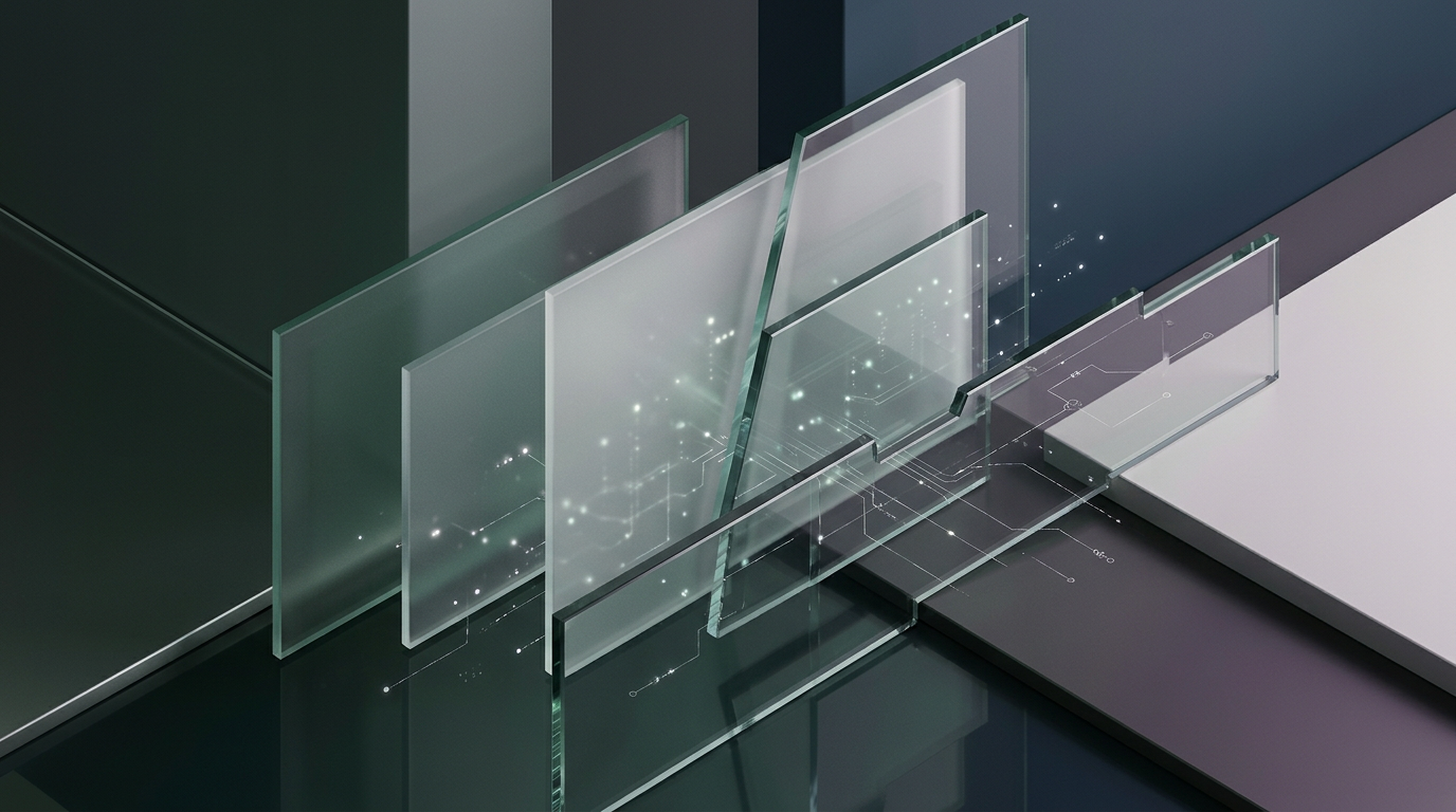 Layered glass interface displaying structured data nodes and clean lines under cool studio lighting