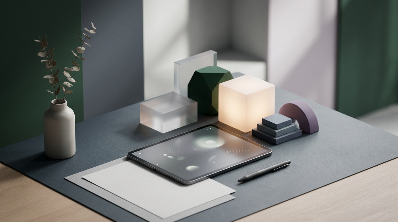 Futuristic digital workspace showing organized information blocks and minimal geometric shapes