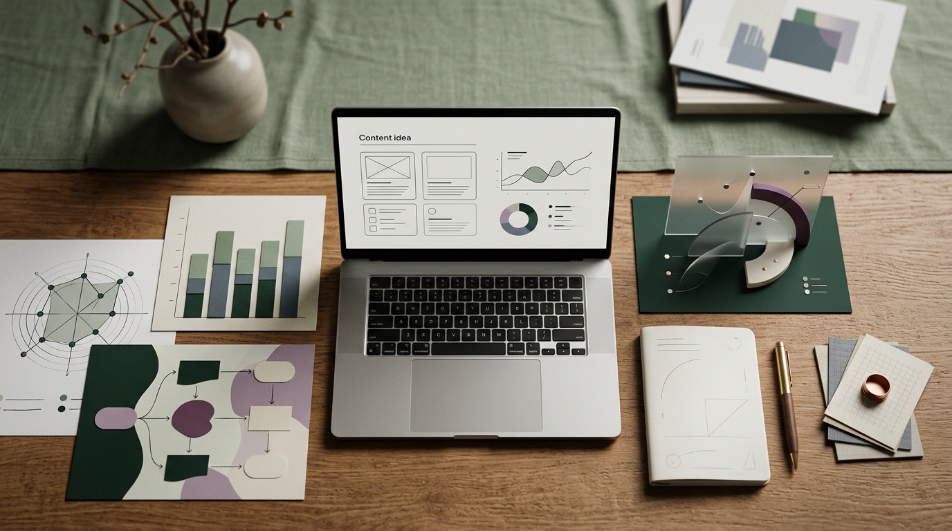 Minimalist workspace with laptop showing content ideas and surrounding analytical charts.