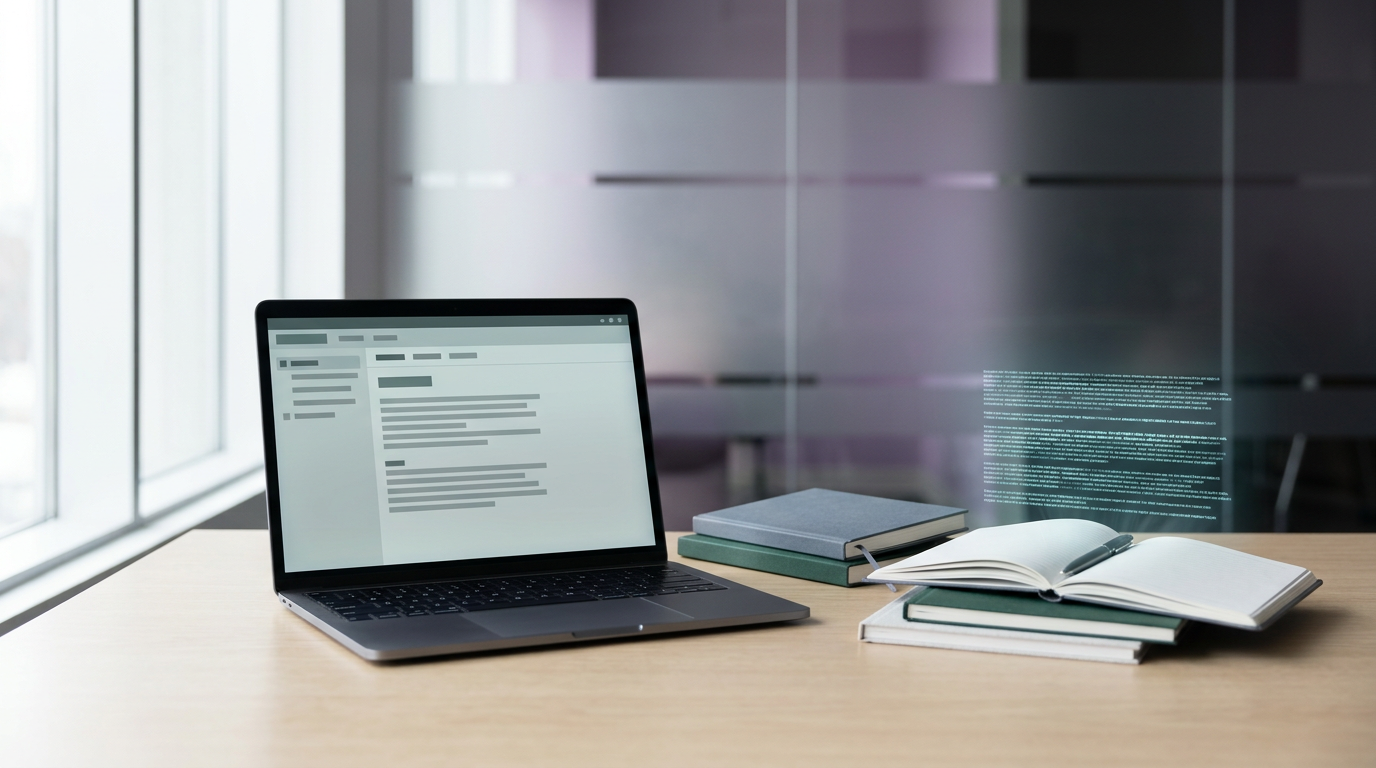 Modern workspace with laptop displaying transcription