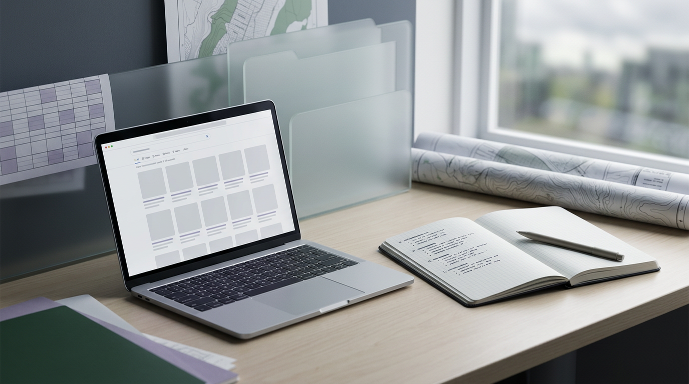 Isometric view of a tidy desk with a laptop and research notes