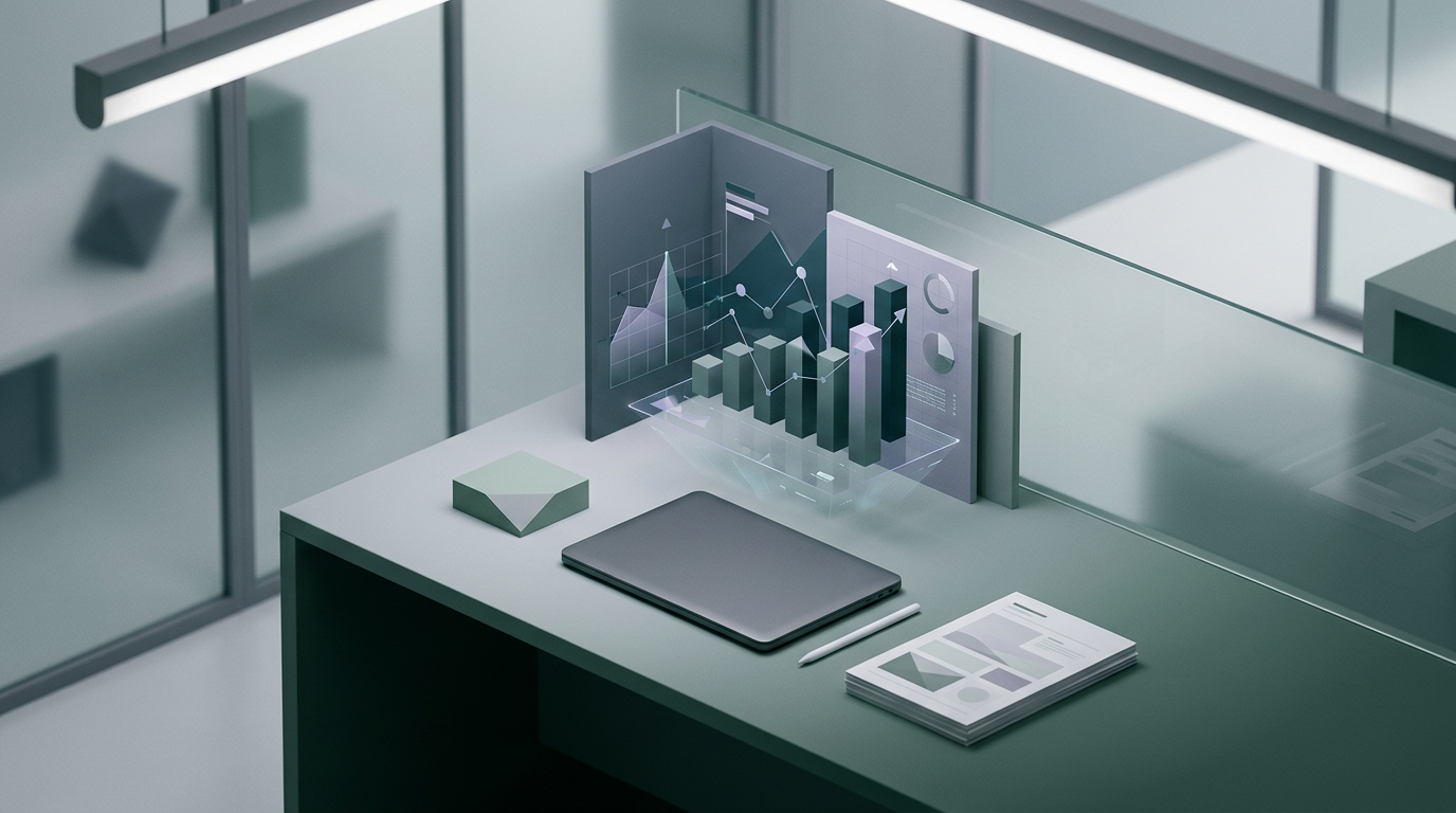 Holographic sales graph projected from a laptop on a minimalist desk.