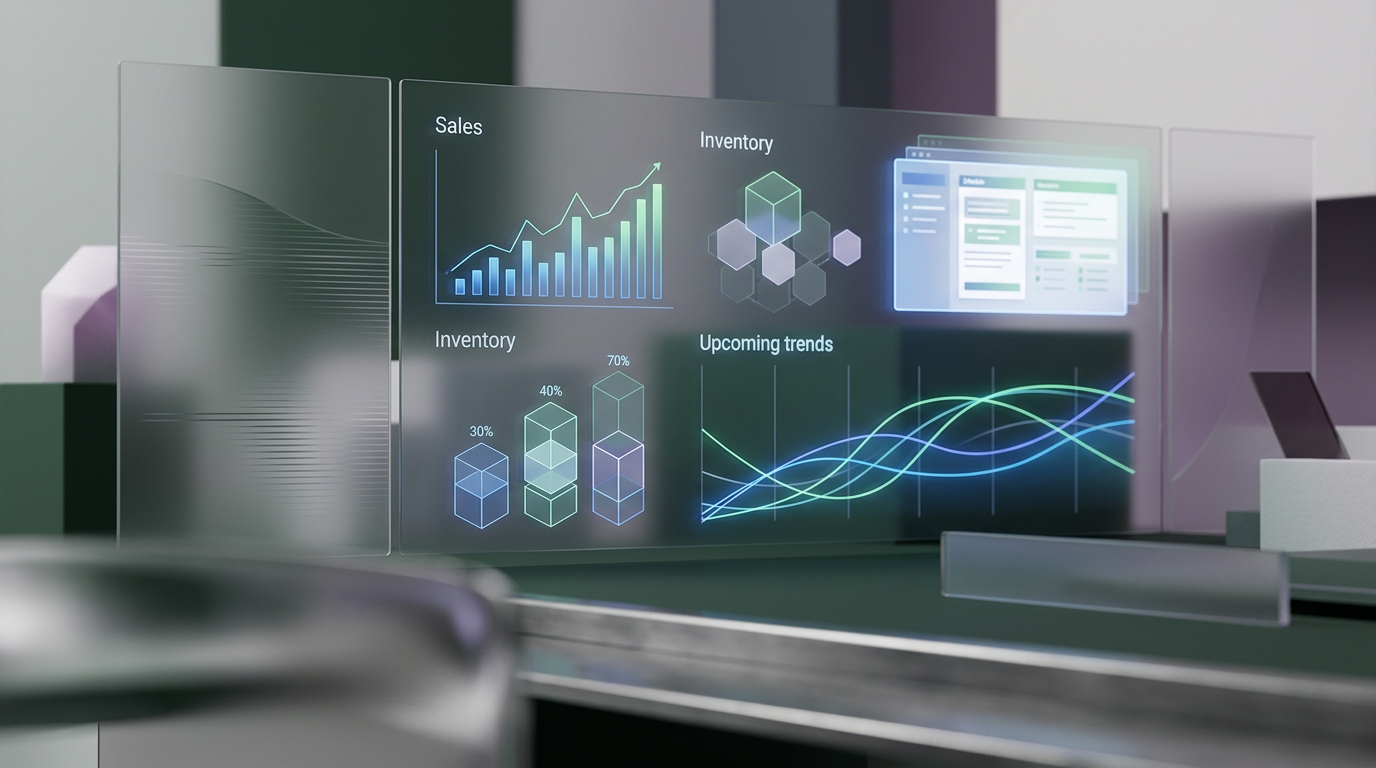 Futuristic control room dashboard showing sales and inventory data.