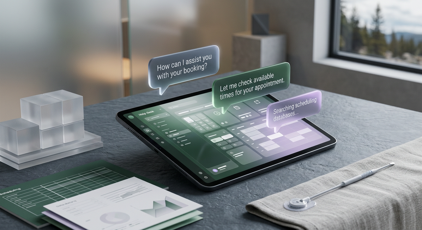 A digital tablet showing a chatbot interface on a help desk dashboard.
