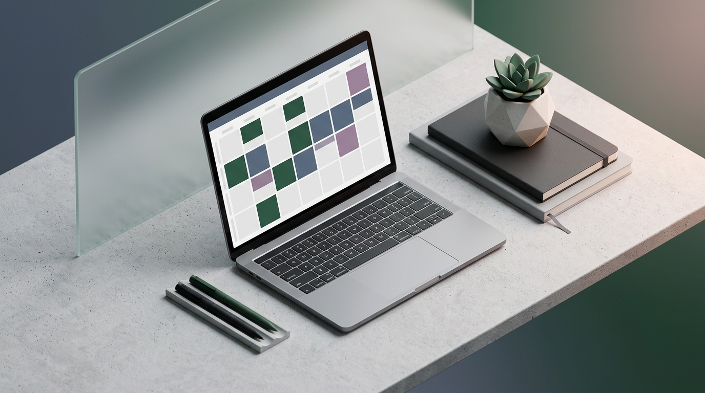 Isometric view of a desk with a laptop showing a content calendar.