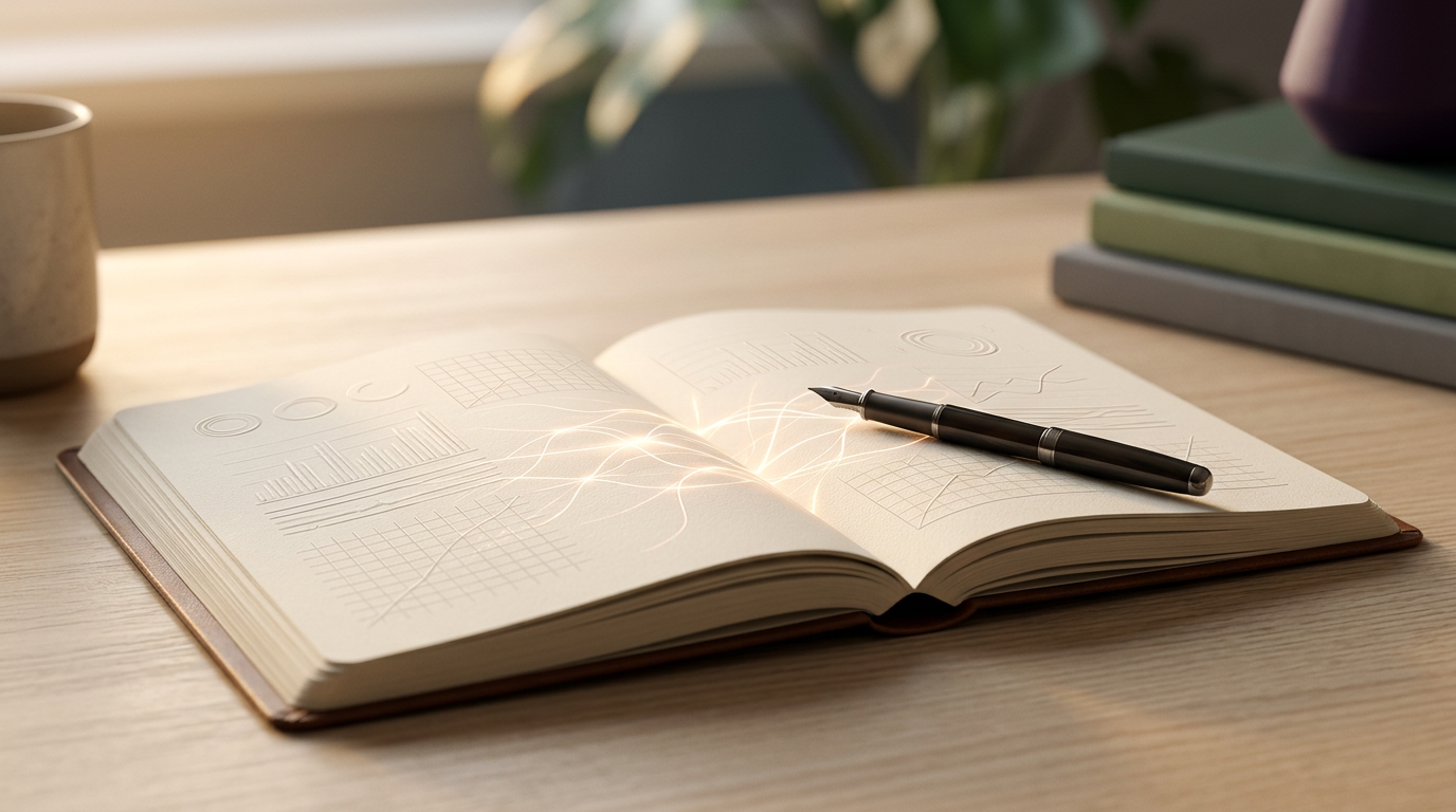 Abstract neural network over a journal, representing AI in writing.