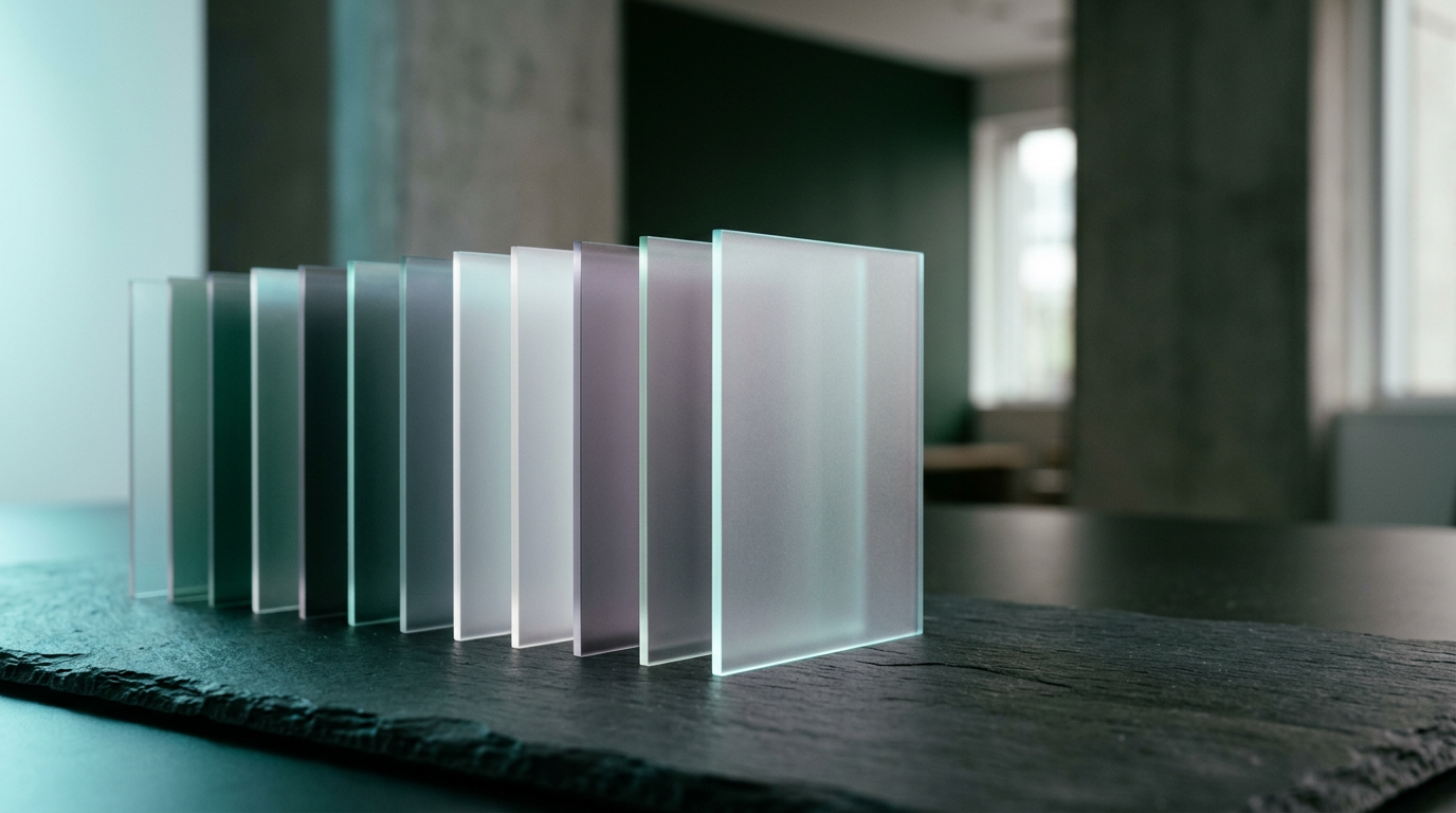 Abstract geometric representation of data sorting with translucent glass cards and soft lighting