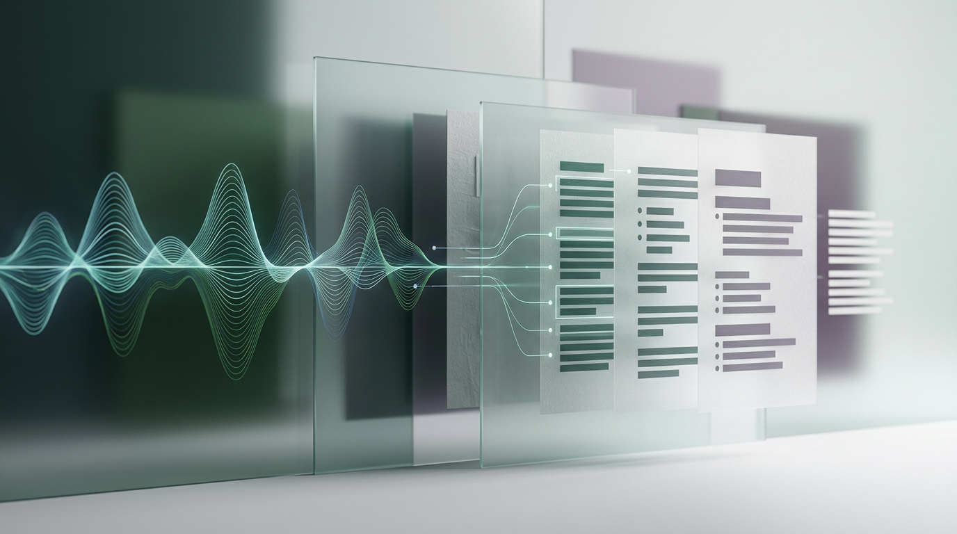 Abstract visual of audio waveforms converting into structured text